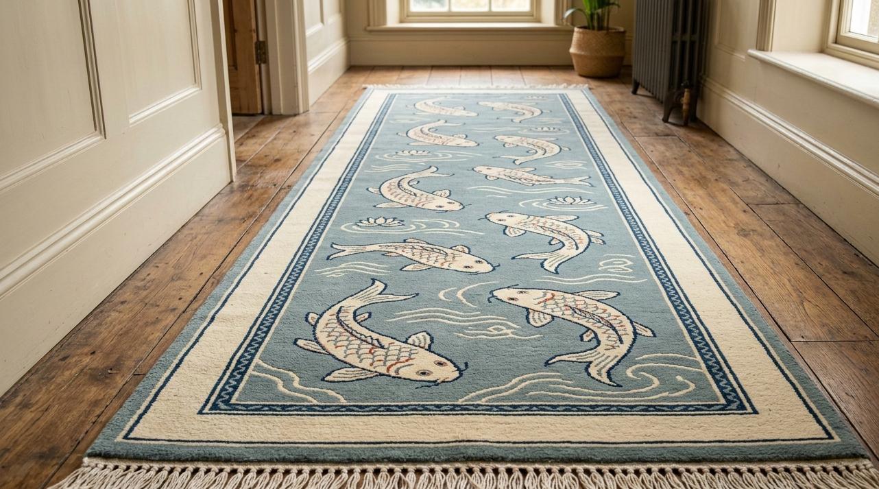 Handmade Koi Fish Runner Rug, Coastal Blue Nautical Carpet, Beach House Decor