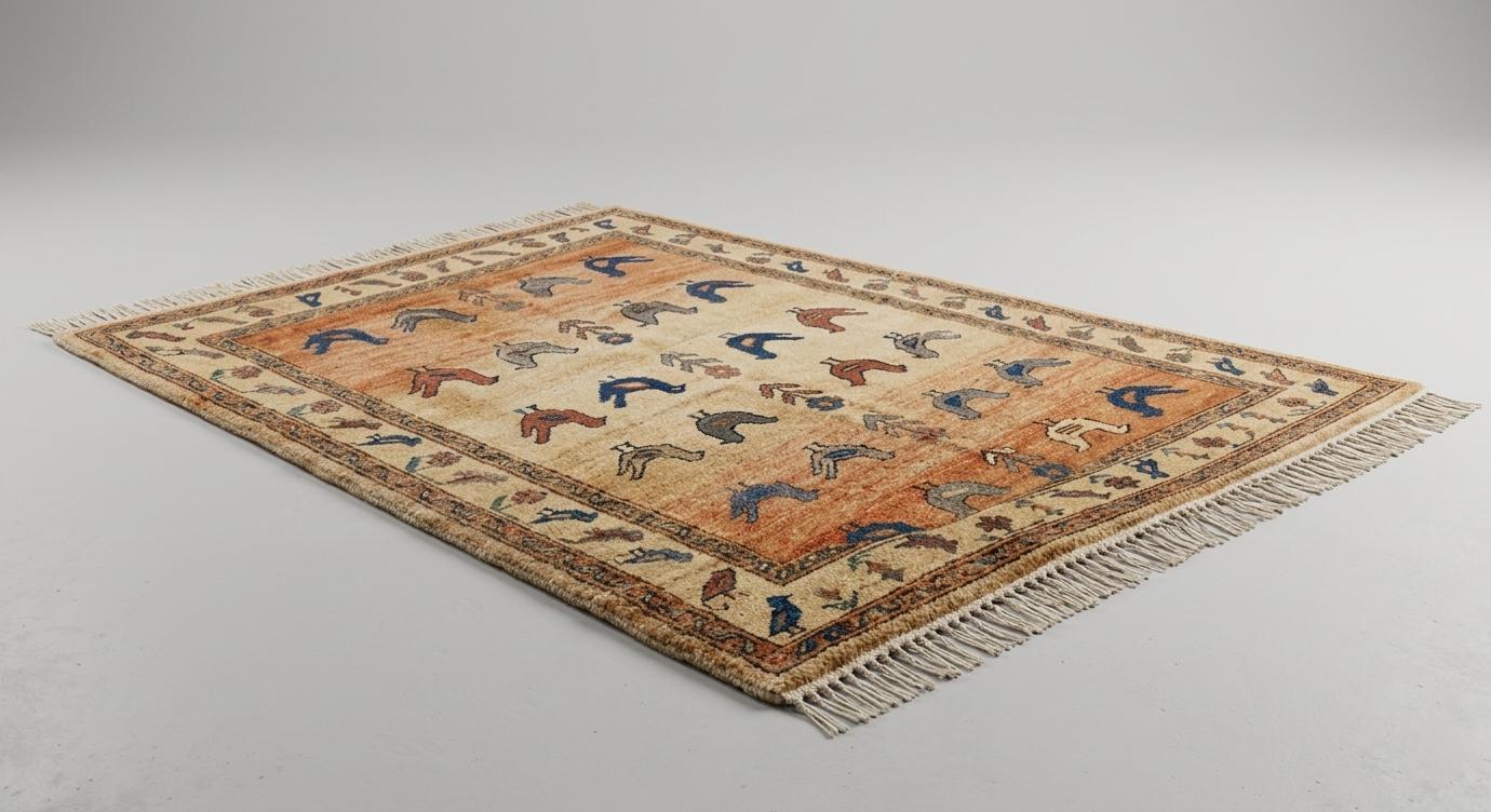 Hand-Knotted Wool Bird Rug, Vintage Oushak Tribal Carpet, Nature Inspired Boho Home