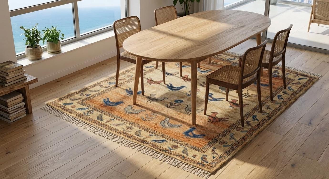Hand-Knotted Wool Bird Rug, Vintage Oushak Tribal Carpet, Nature Inspired Boho Home