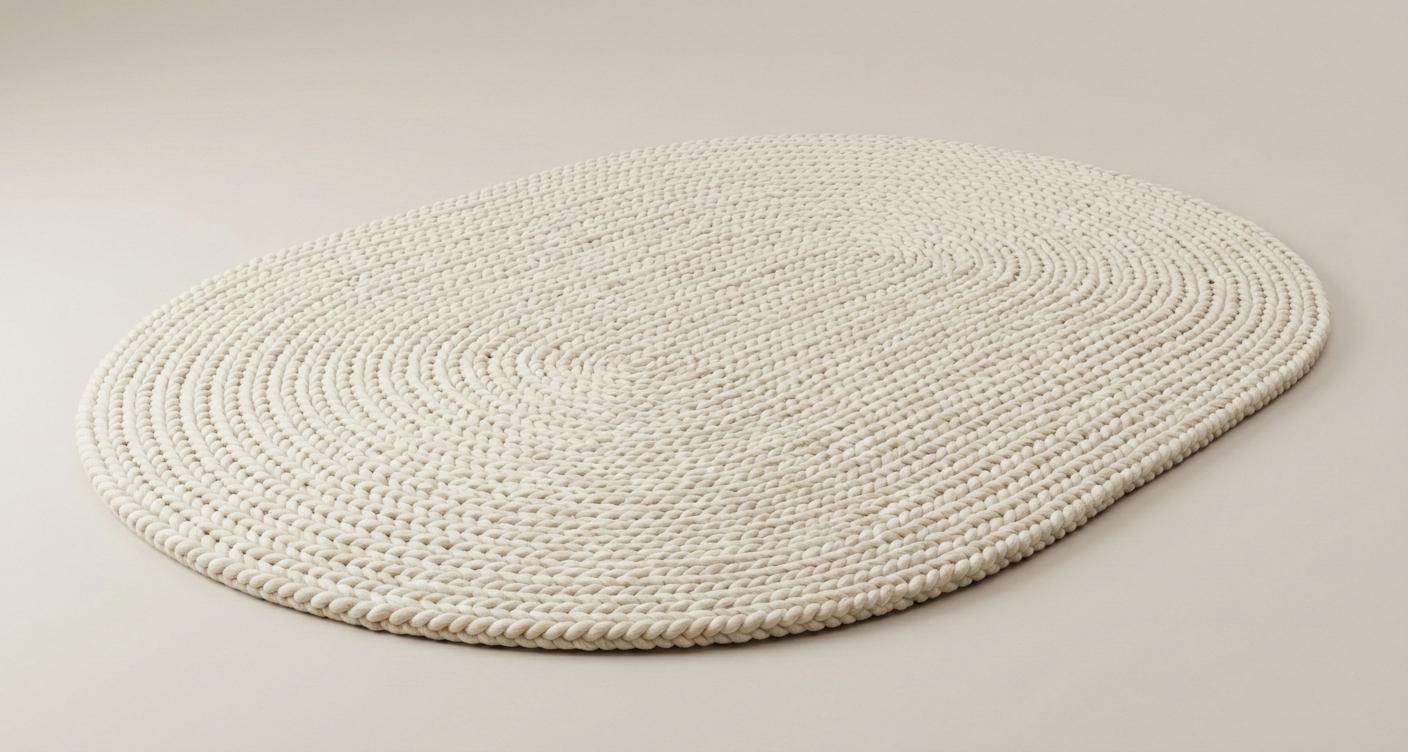 Handwoven Oval Wool Rug – Chunky Braided Cream Scandinavian Carpet