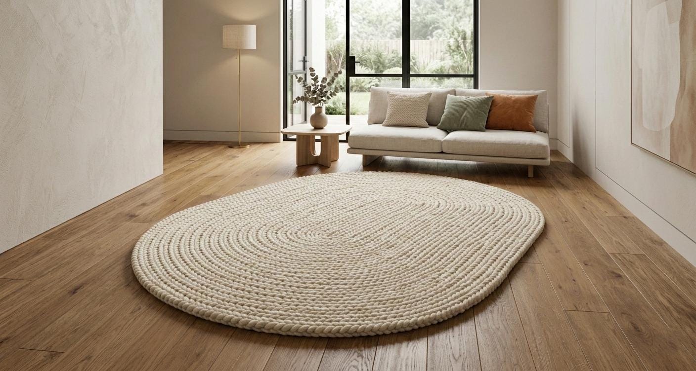 Handwoven Oval Wool Rug – Chunky Braided Cream Scandinavian Carpet
