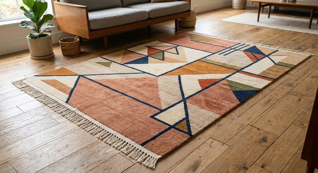 Handmade Wool Geometric Rug, Mid Century Modern Abstract Carpet, Boho Living Room Area Rug