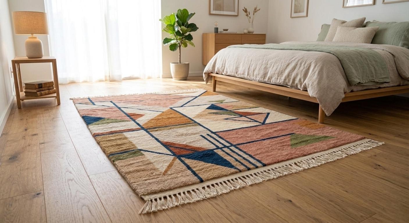 Handmade Wool Geometric Rug, Mid Century Modern Abstract Carpet, Boho Living Room Area Rug
