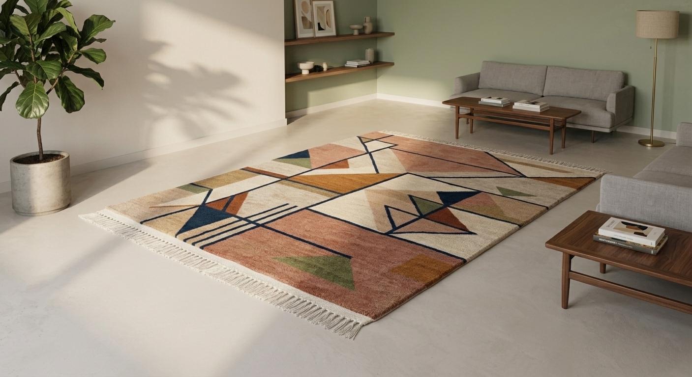 Handmade Wool Geometric Rug, Mid Century Modern Abstract Carpet, Boho Living Room Area Rug