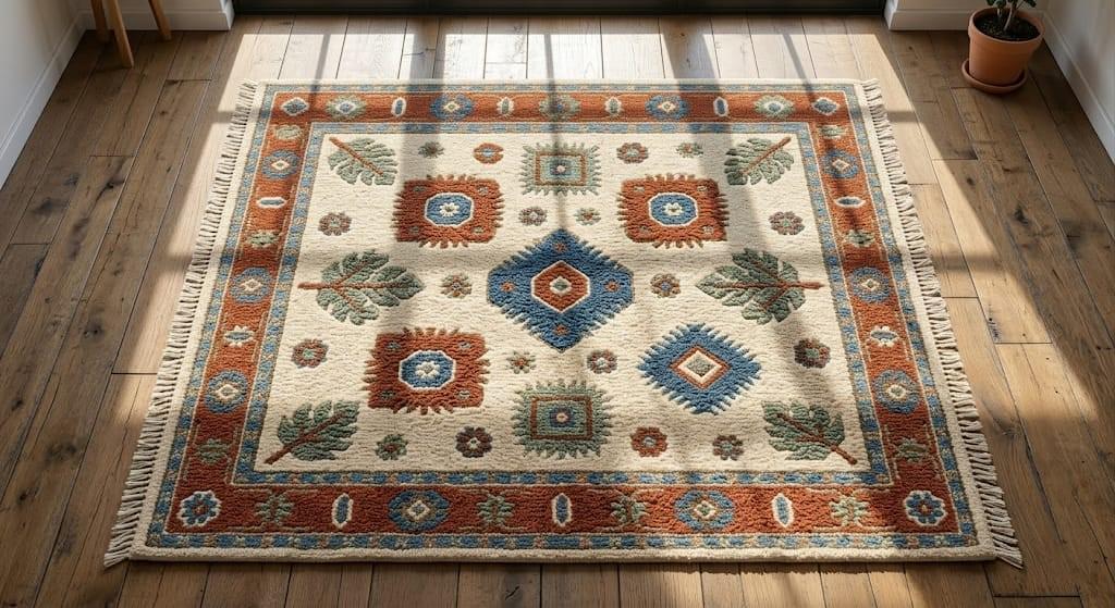 Hand-Knotted Wool Rug, Boho Southwestern Tribal Beige Blue Carpet