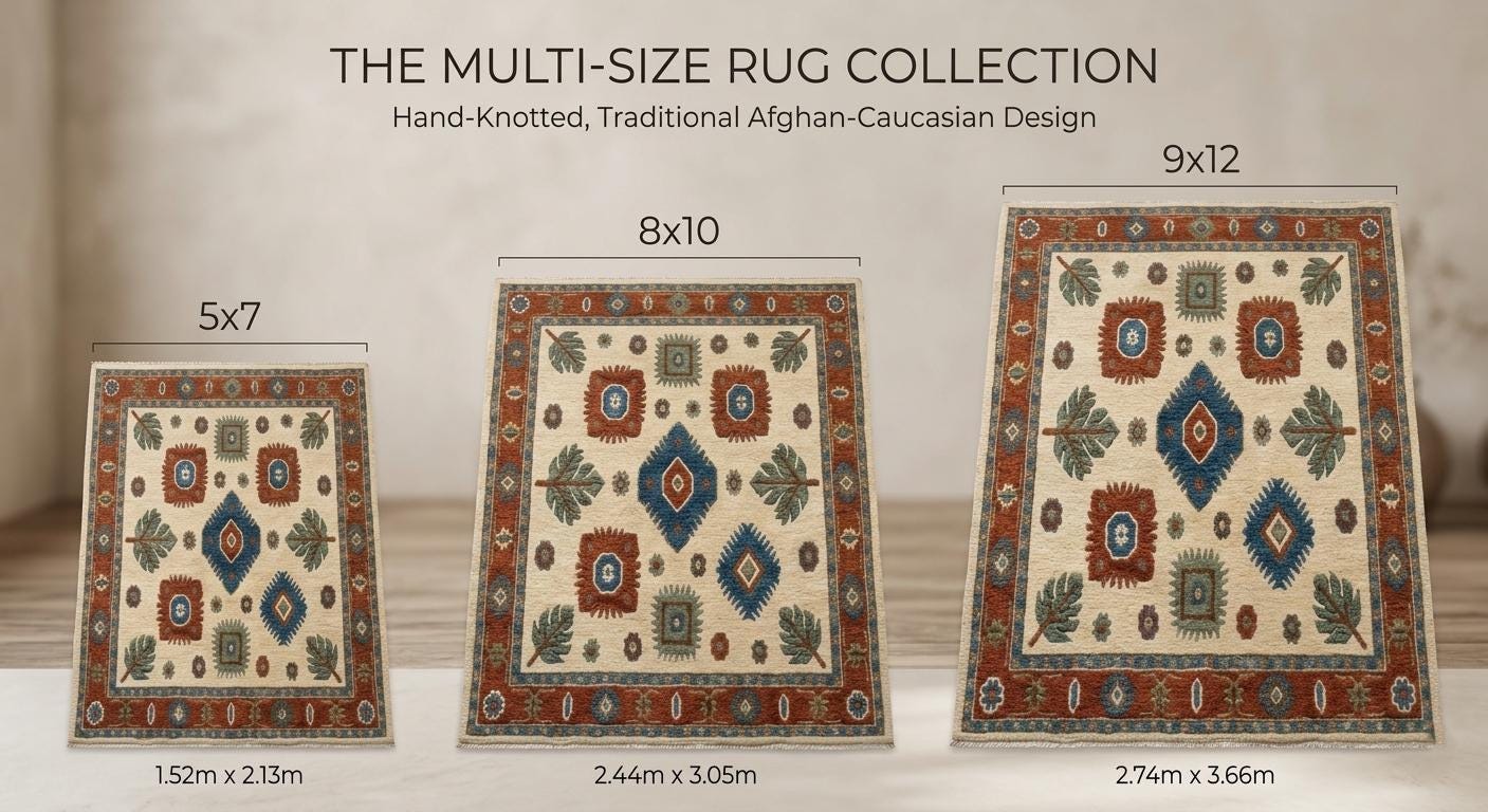 Hand-Knotted Wool Rug, Boho Southwestern Tribal Beige Blue Carpet