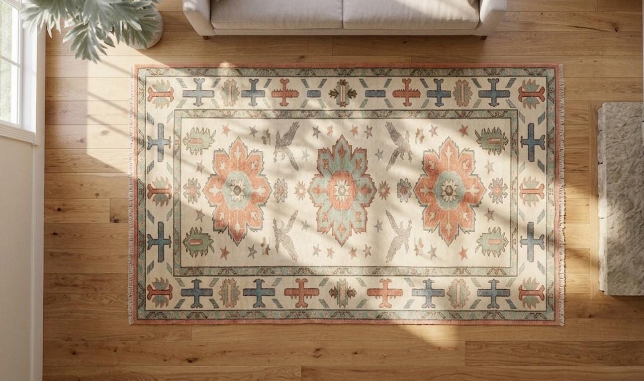 Hand Knotted Wool Oushak Rug, Vintage Tribal Southwestern Boho Carpet