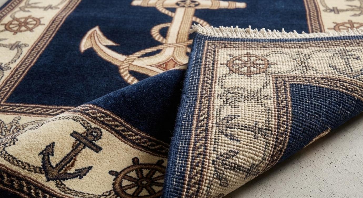 Nautical Anchor Rug, Navy Blue Coastal Area Carpet, Hand-Knotted Wool Beach House Decor
