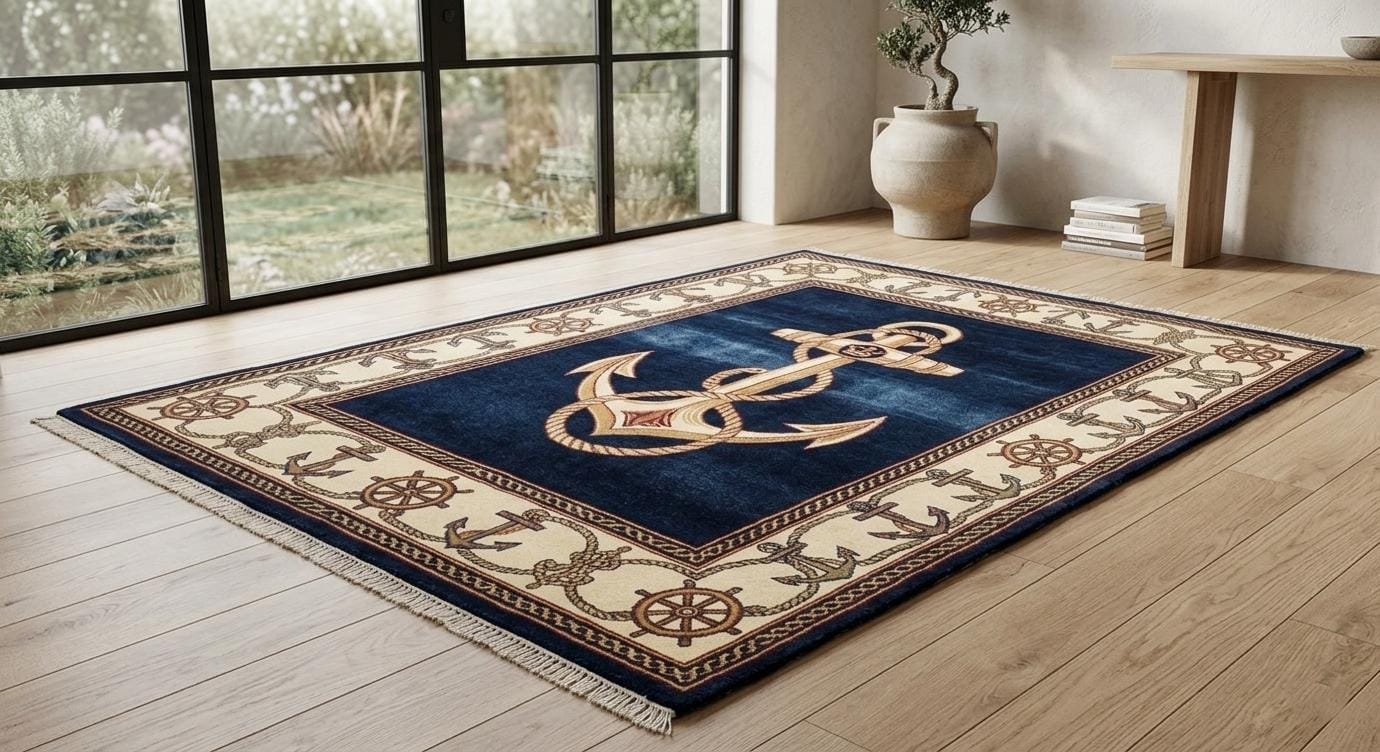 Nautical Anchor Rug, Navy Blue Coastal Area Carpet, Hand-Knotted Wool Beach House Decor