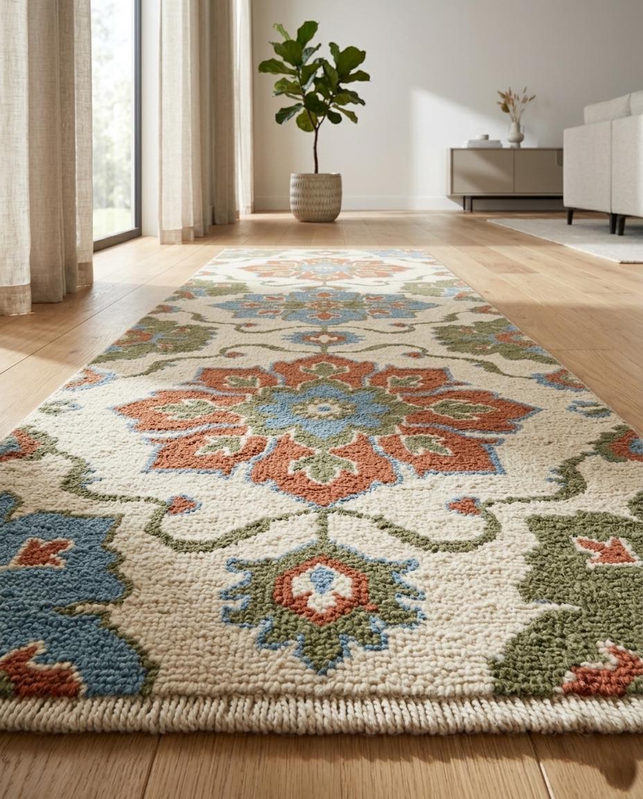 Hand-Knotted Wool Runner Rug, Vintage Floral Medallion, Boho Farmhouse Hallway Carpet