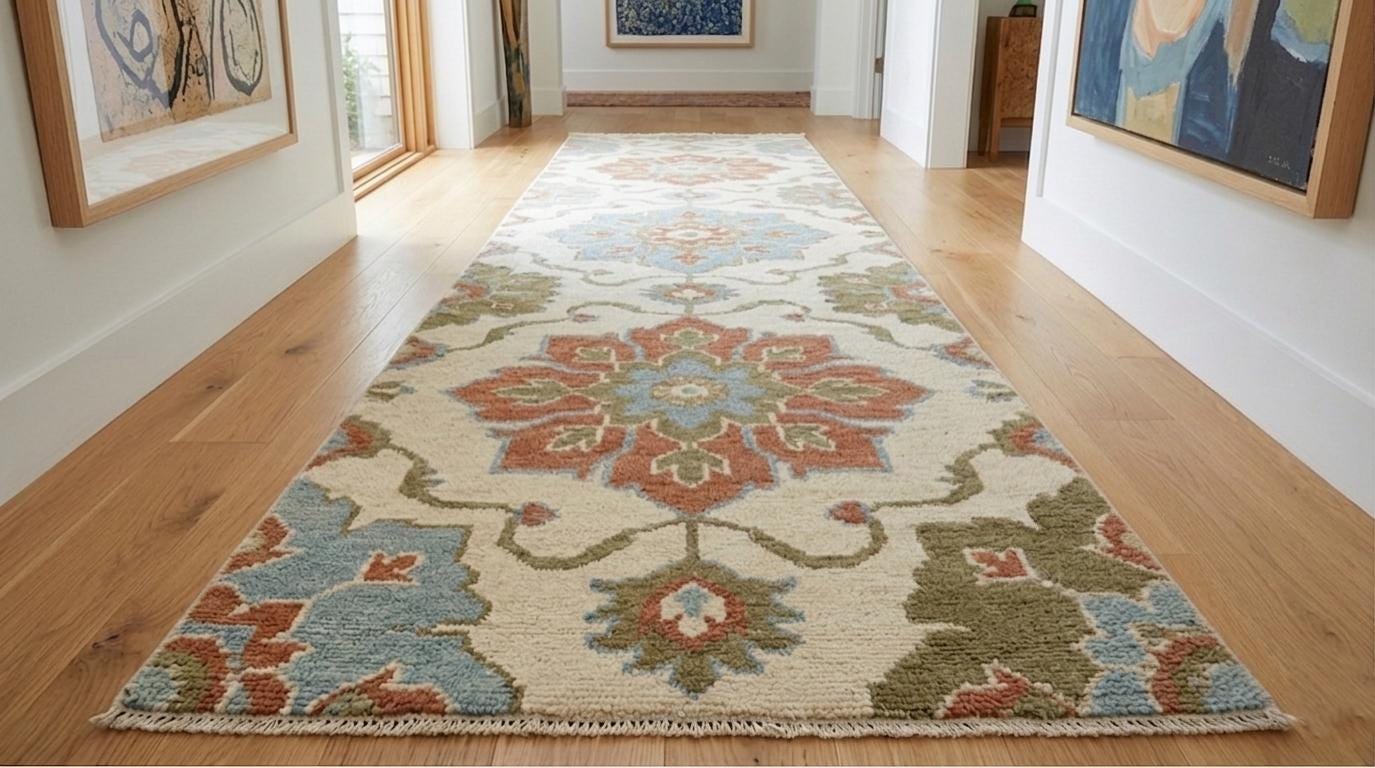 Hand-Knotted Wool Runner Rug, Vintage Floral Medallion, Boho Farmhouse Hallway Carpet