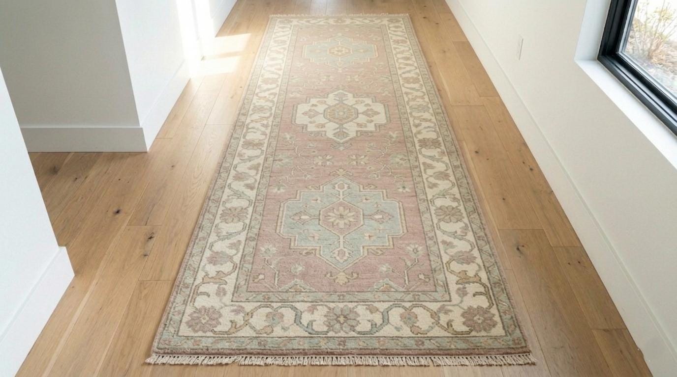 Hand Knotted Wool Runner Rug, Vintage Turkish Oushak Floral Hallway Carpet