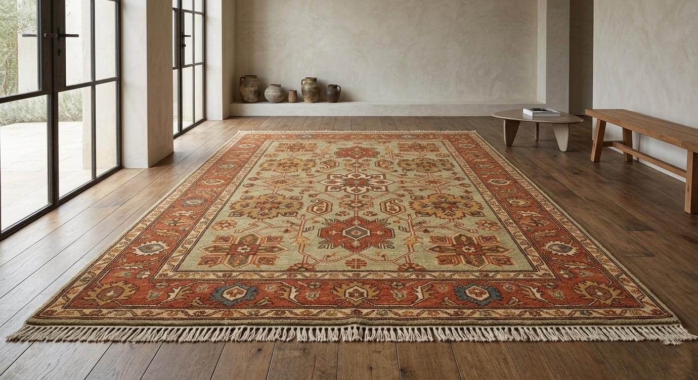 Sage Green Floral Oriental Rug, Handmade Vintage Persian Style Carpet (8x10 Ft)