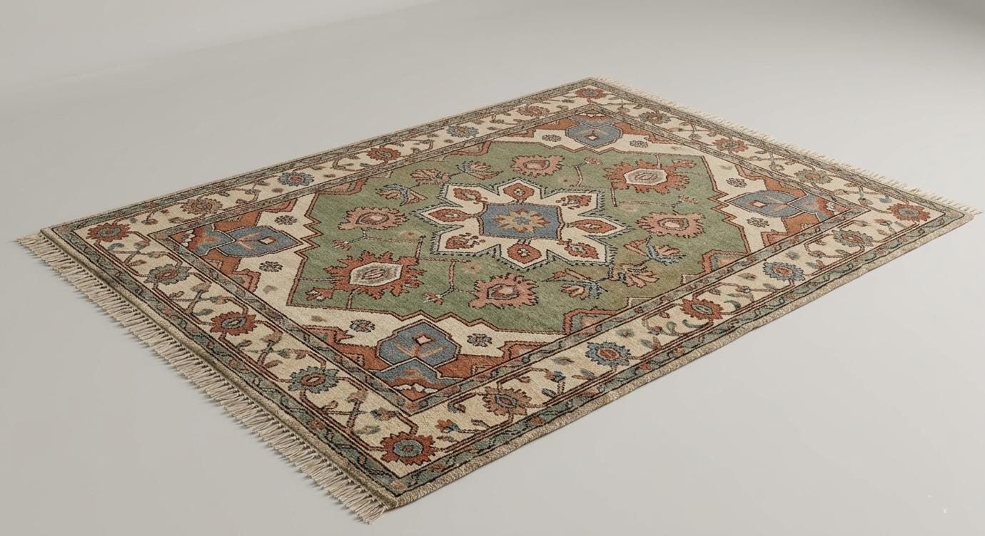 Hand Knotted Wool Oushak Rug, Sage Green Floral Oriental Carpet 8x10 Ft