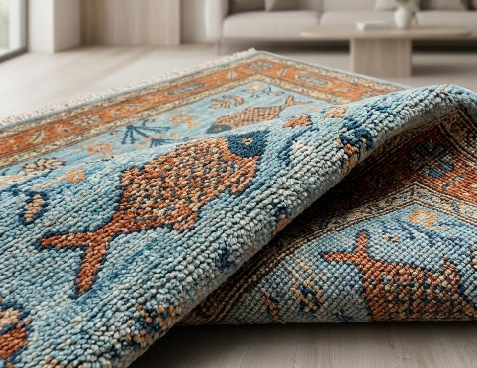 Hand-Knotted Wool Fish Rug, Blue Rustic Coastal Farmhouse Carpet