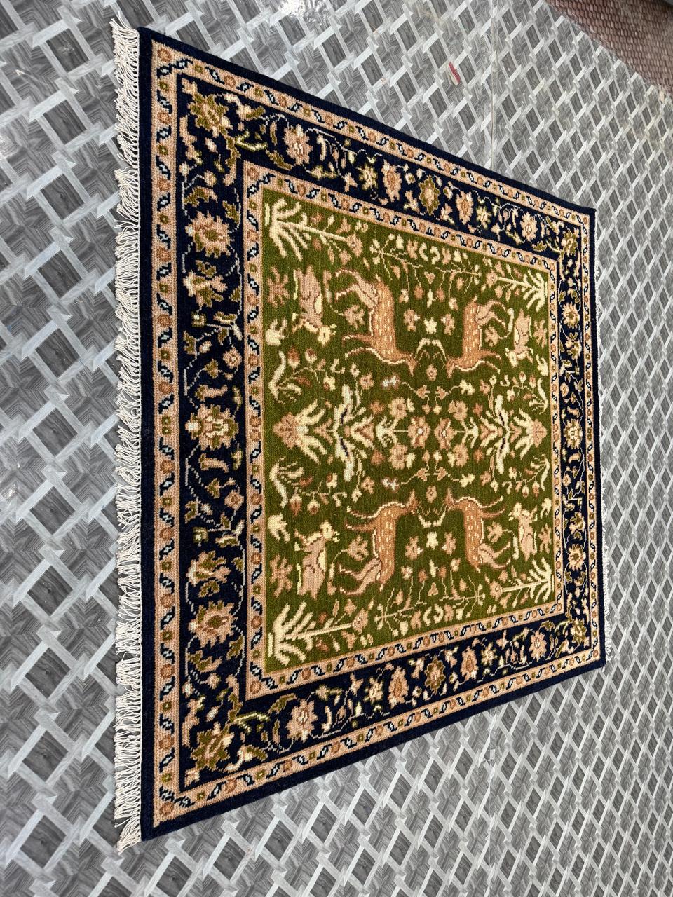 Hand Knotted Wool Oriental Rug, Green Floral Navy Border Carpet