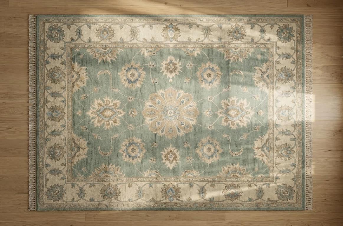 Handmade Green Oushak Wool Rug, Vintage Turkish Style Area Rug