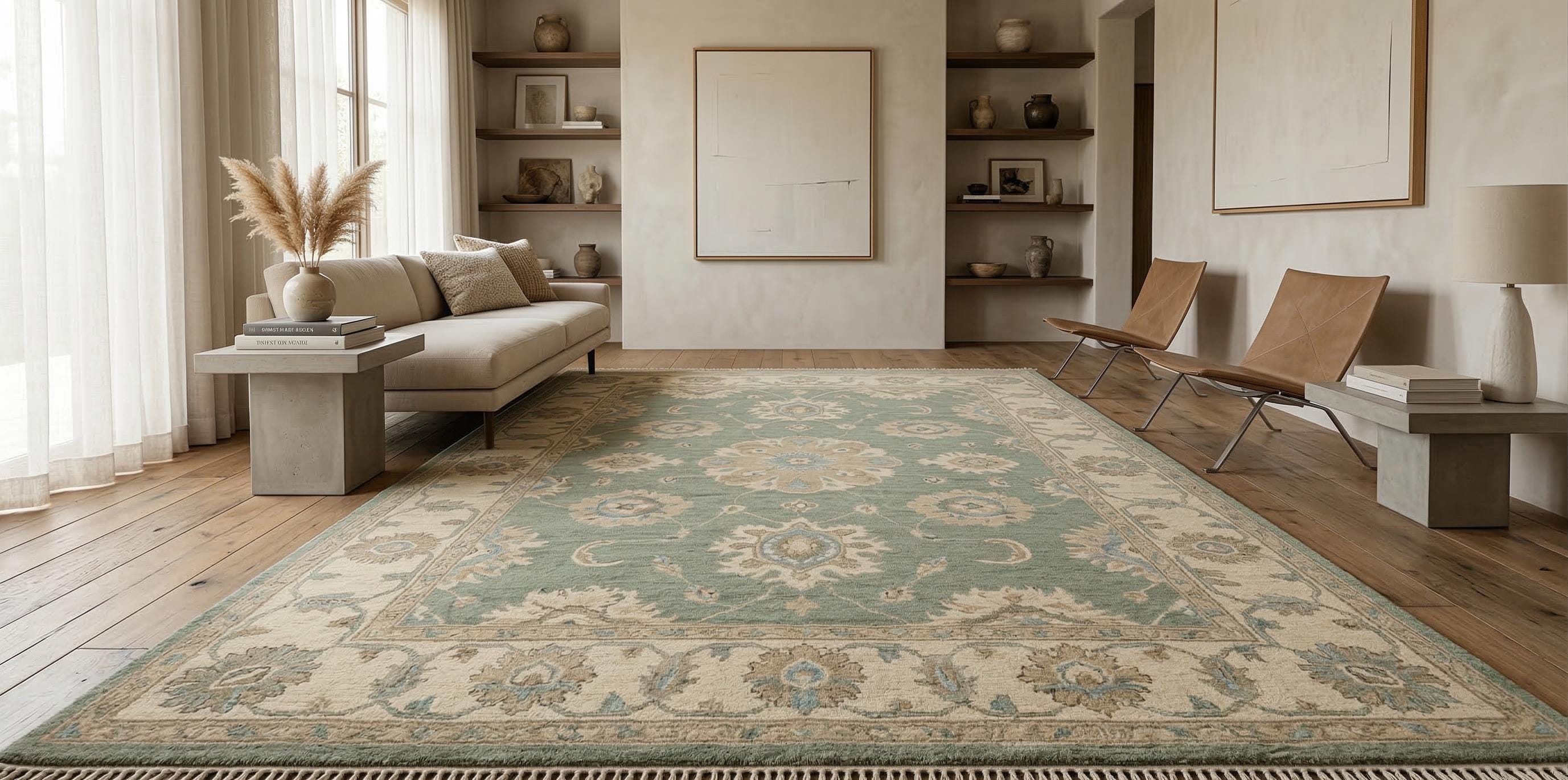 Handmade Green Oushak Wool Rug, Vintage Turkish Style Area Rug
