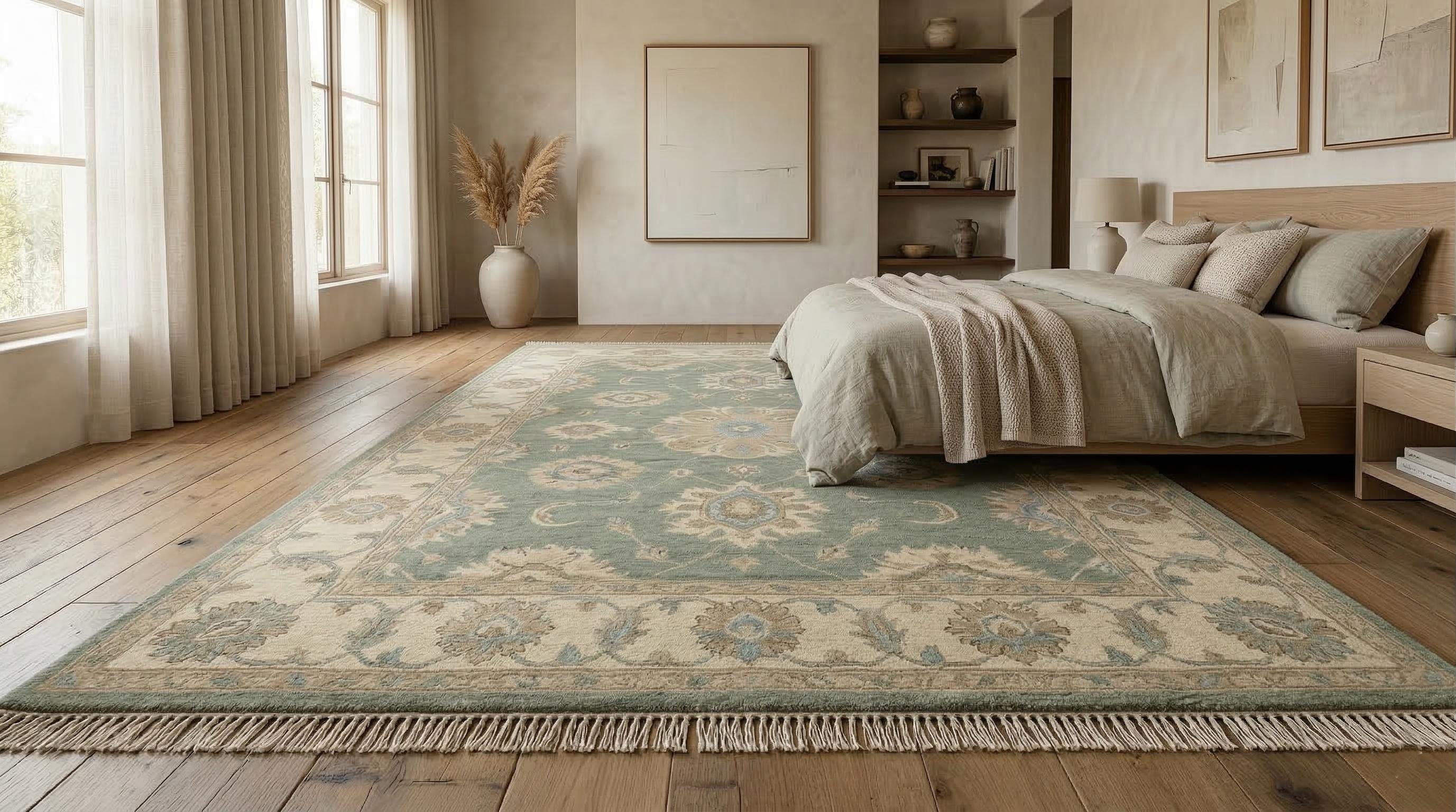Handmade Green Oushak Wool Rug, Vintage Turkish Style Area Rug