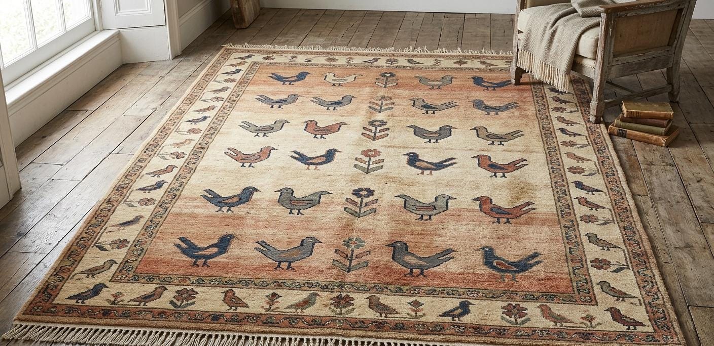 Hand-Knotted Wool Bird Rug, Vintage Oushak Tribal Carpet, Nature Inspired Boho Home