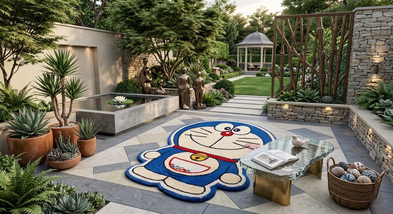Handmade Doraemon Tufted Rug: Cartoon Anime Blue Character Floor Mat