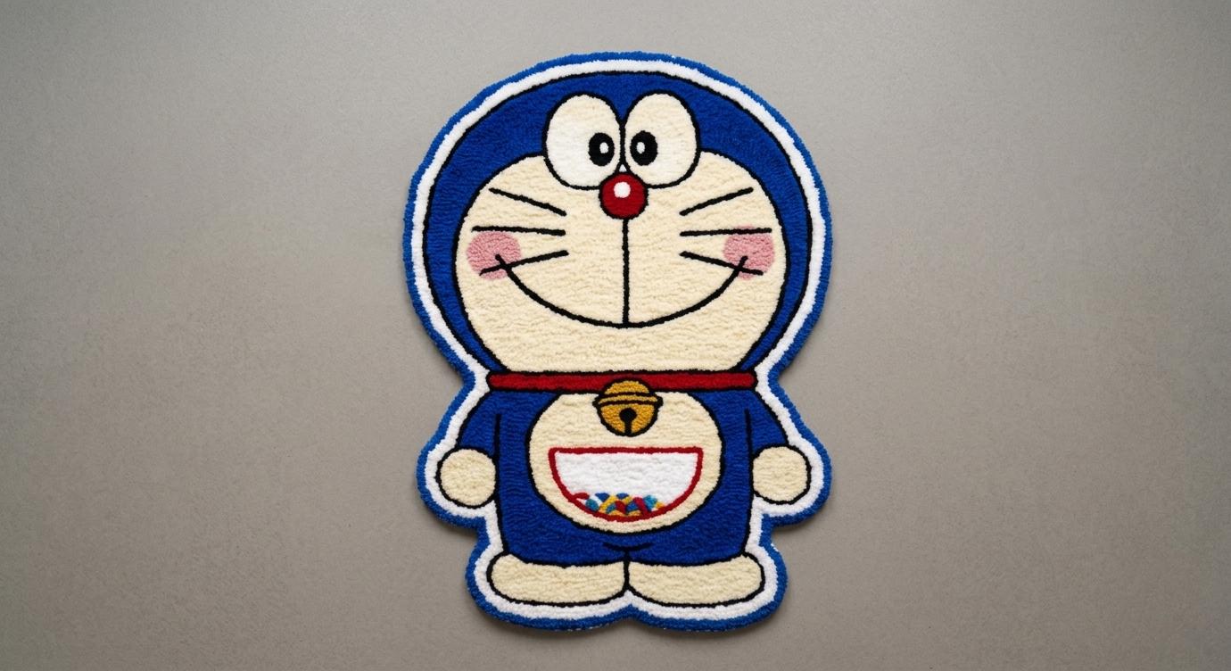 Handmade Doraemon Tufted Rug: Cartoon Anime Blue Character Floor Mat