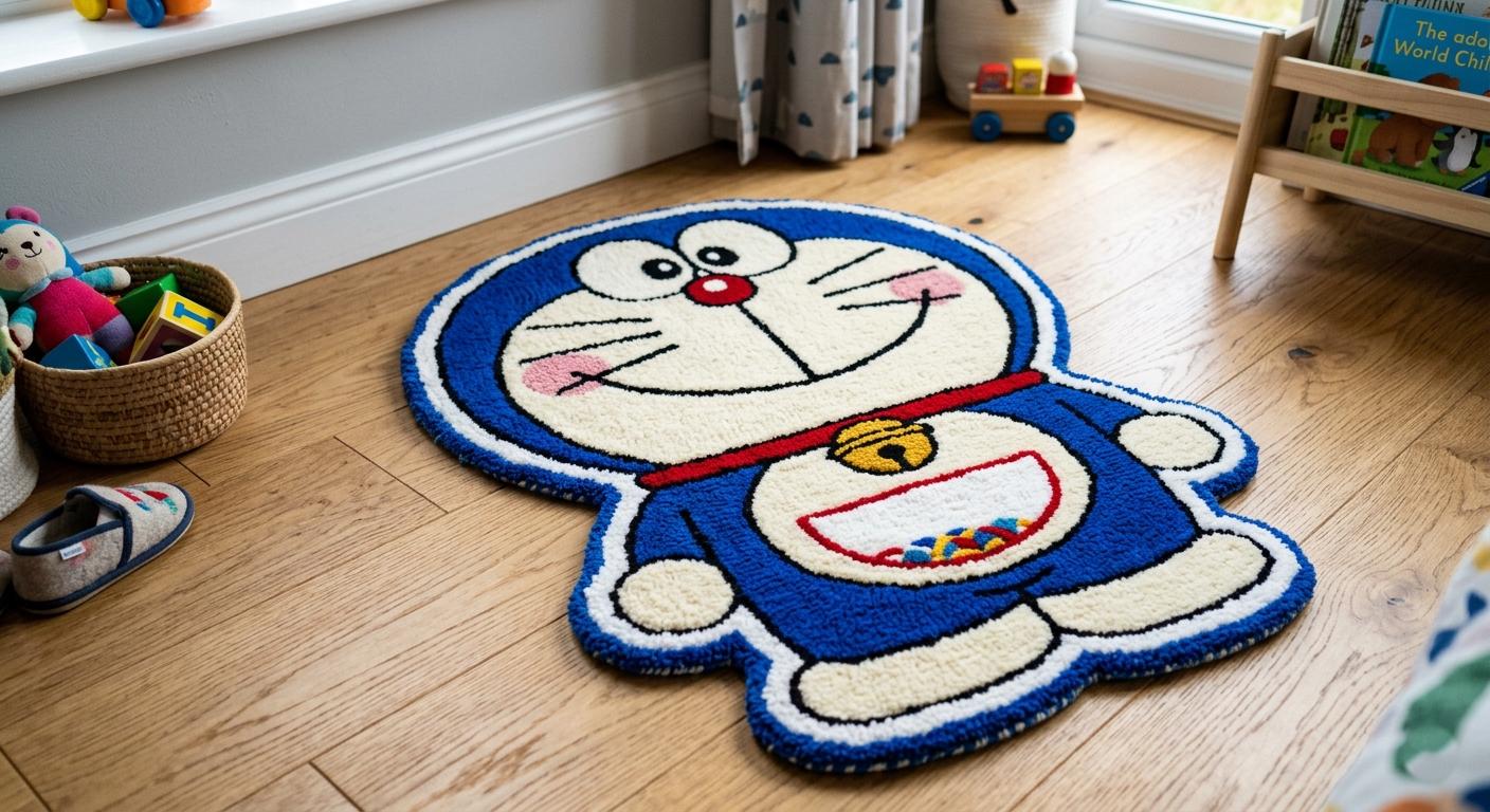 Handmade Doraemon Tufted Rug: Cartoon Anime Blue Character Floor Mat