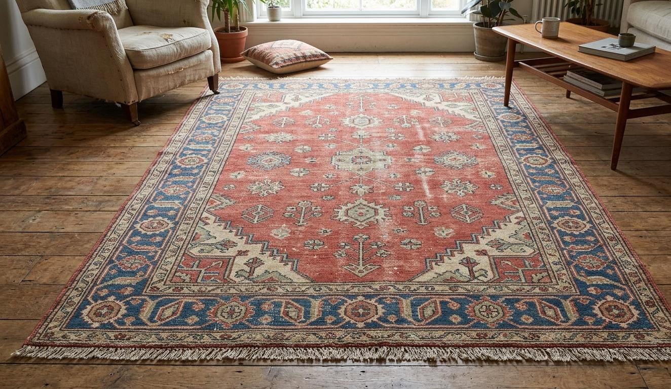 Hand Knotted Oushak Wool Rug, Distressed Floral Medallion Carpet (9x12 feet)