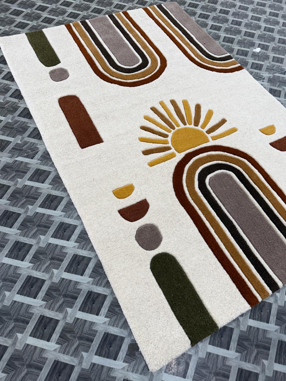 Handmade Boho Rainbow Sun Tufted Rug, Neutral Earth Tone Geometric Carpet