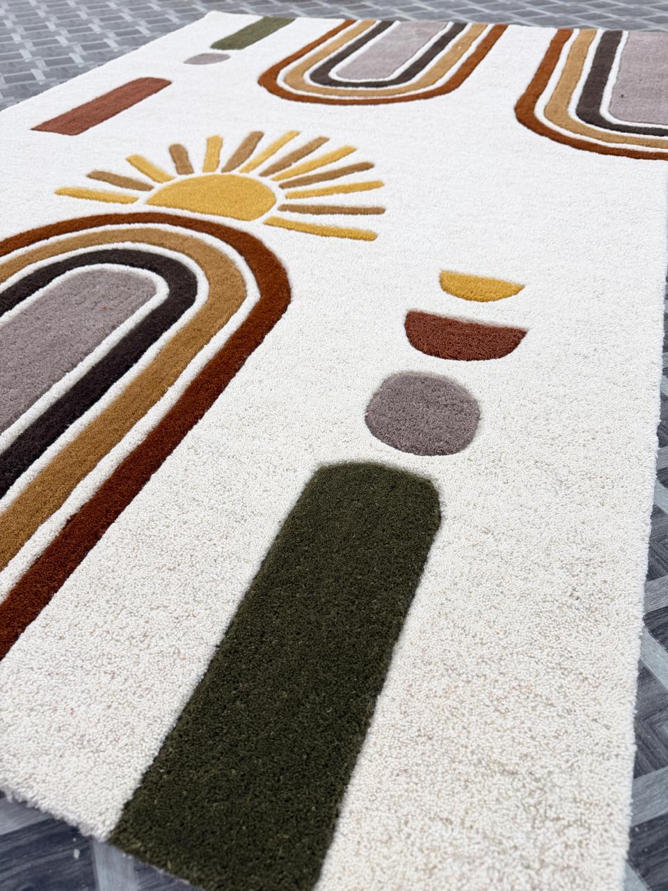 Handmade Boho Rainbow Sun Tufted Rug, Neutral Earth Tone Geometric Carpet