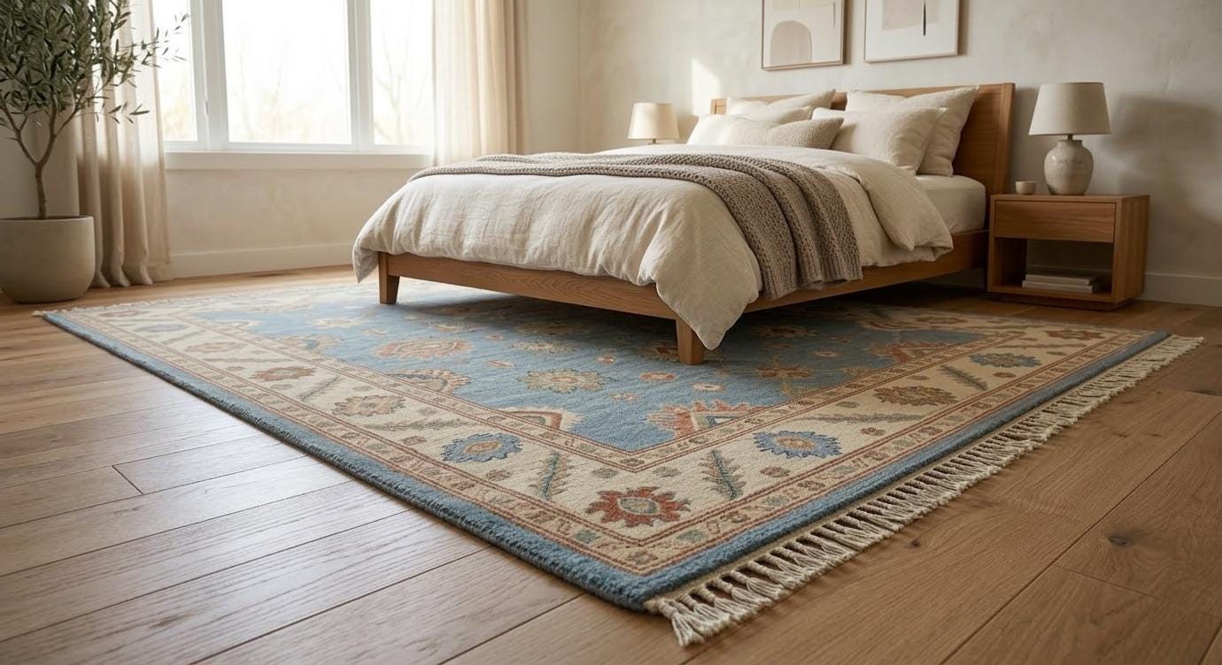 Handmade Blue Oushak Wool Rug, Vintage Tribal Boho Carpet, Custom Size .