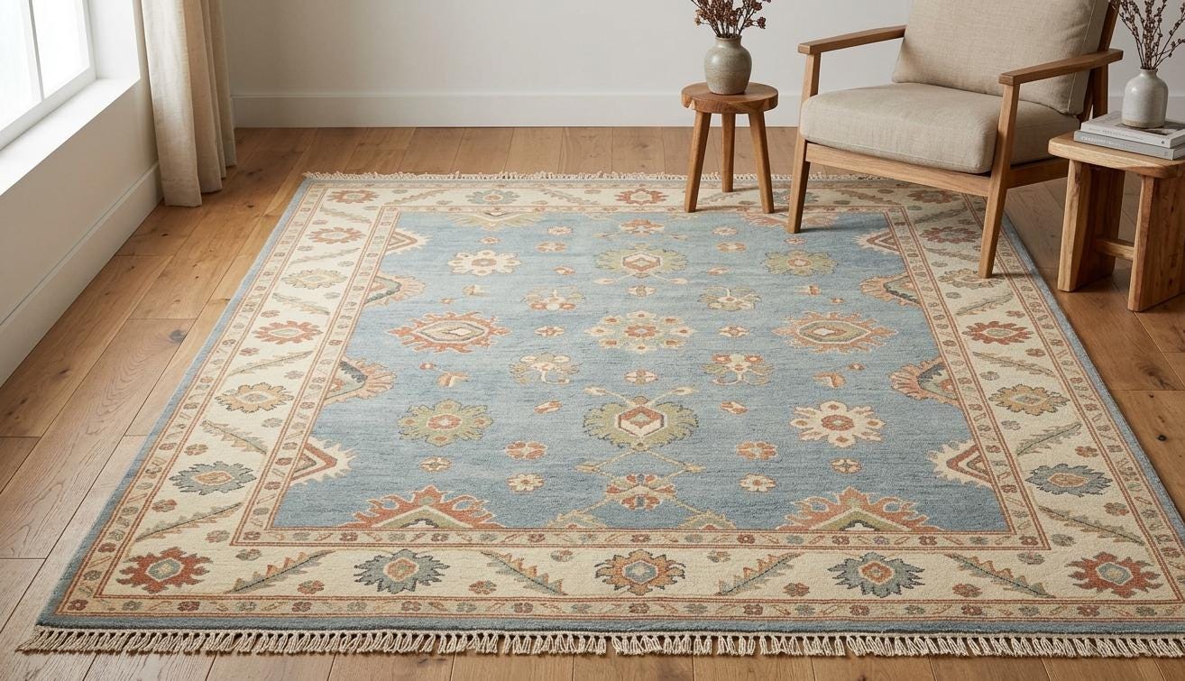 Handmade Blue Oushak Wool Rug, Vintage Tribal Boho Carpet, Custom Size .