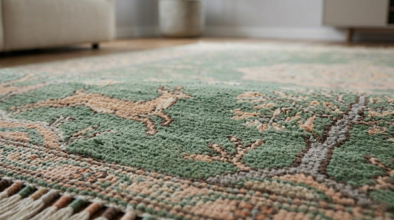 Handmade Wool Oriental Rug, Sage Green Floral Deer Bird Carpet, Vintage Oushak Style