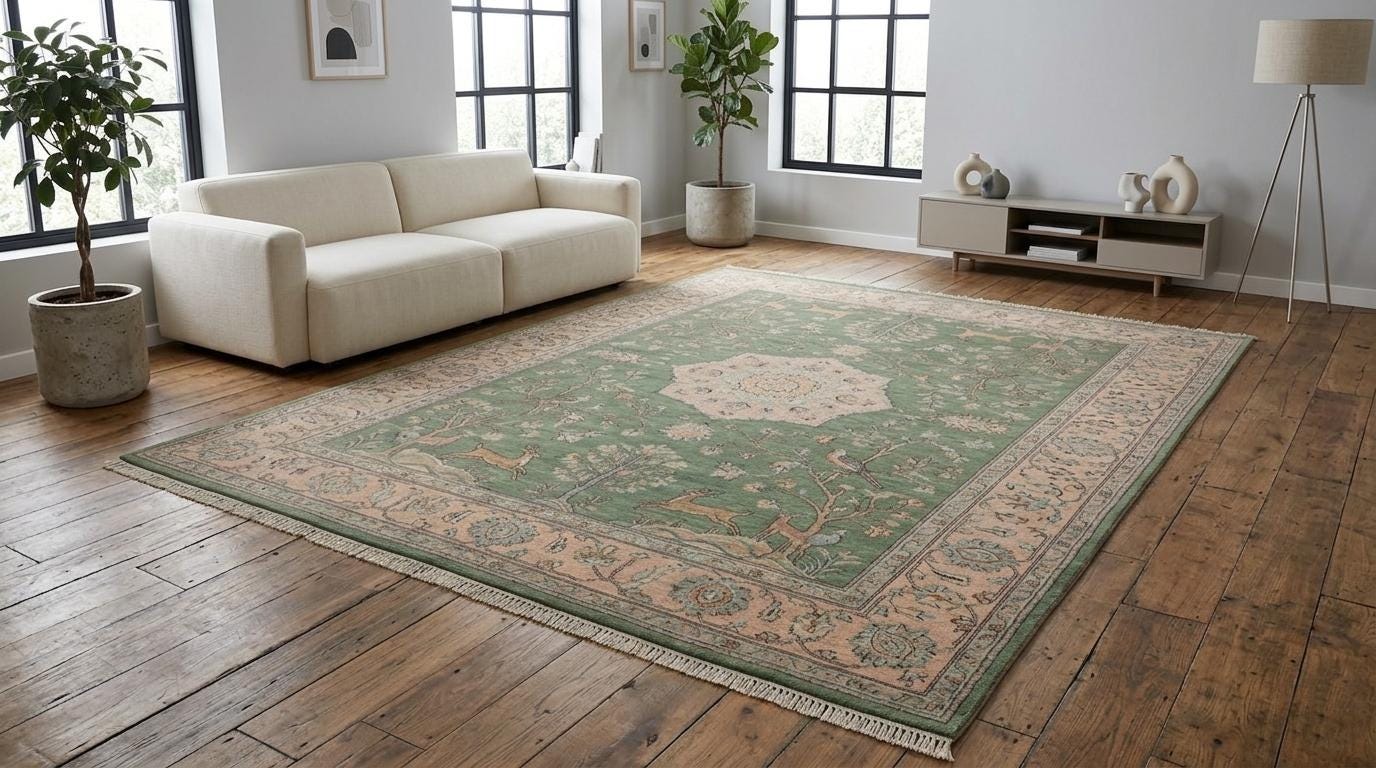 Handmade Wool Oriental Rug, Sage Green Floral Deer Bird Carpet, Vintage Oushak Style