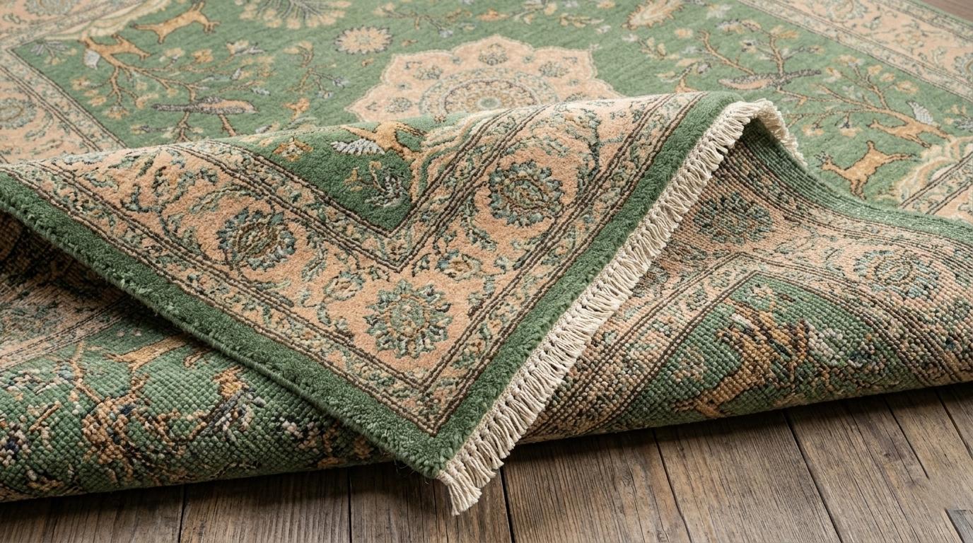 Handmade Wool Oriental Rug, Sage Green Floral Deer Bird Carpet, Vintage Oushak Style