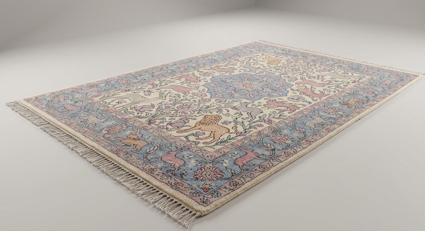 Hand-Knotted Wool Persian Animal Rug, Vintage Floral Garden Carpet