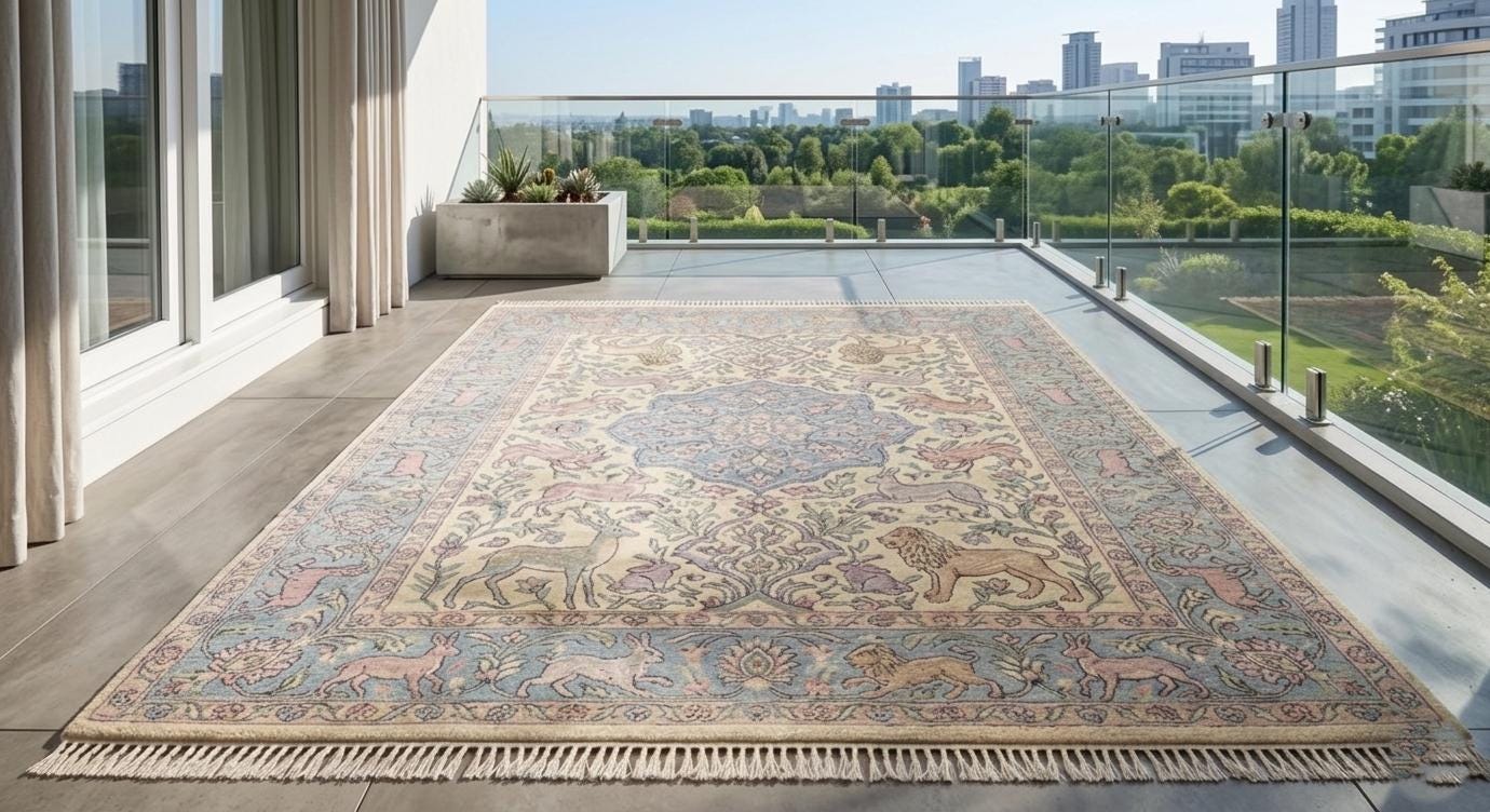 Hand-Knotted Wool Persian Animal Rug, Vintage Floral Garden Carpet