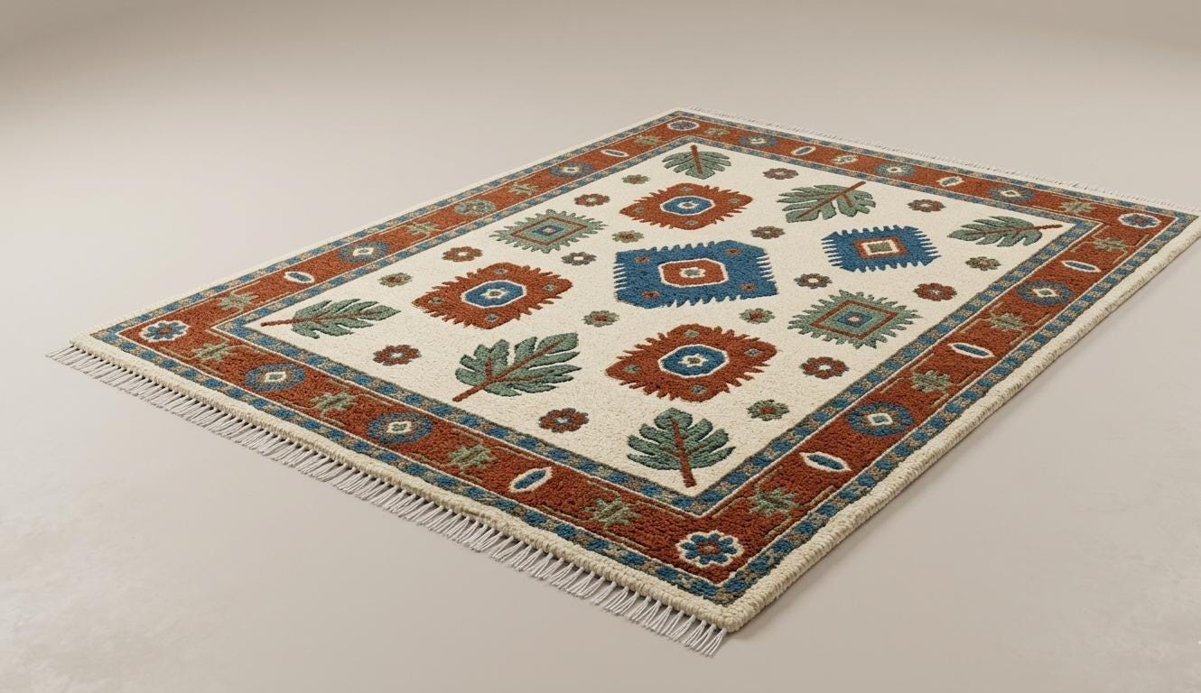 Hand-Knotted Wool Rug, Boho Southwestern Tribal Beige Blue Carpet