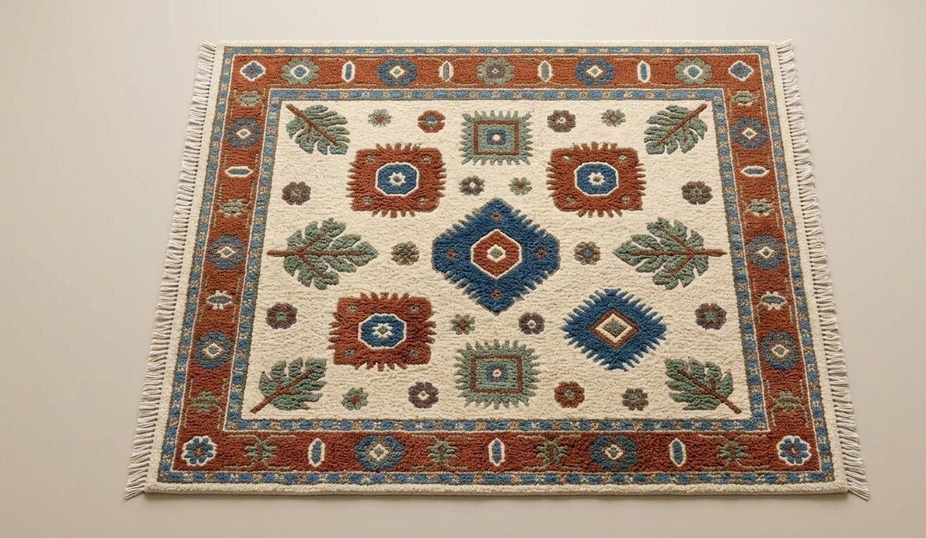 Hand-Knotted Wool Rug, Boho Southwestern Tribal Beige Blue Carpet