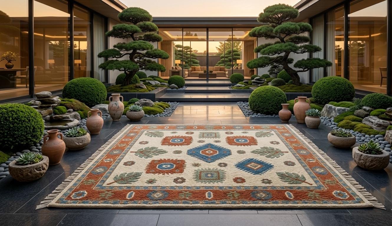 Hand-Knotted Wool Rug, Boho Southwestern Tribal Beige Blue Carpet