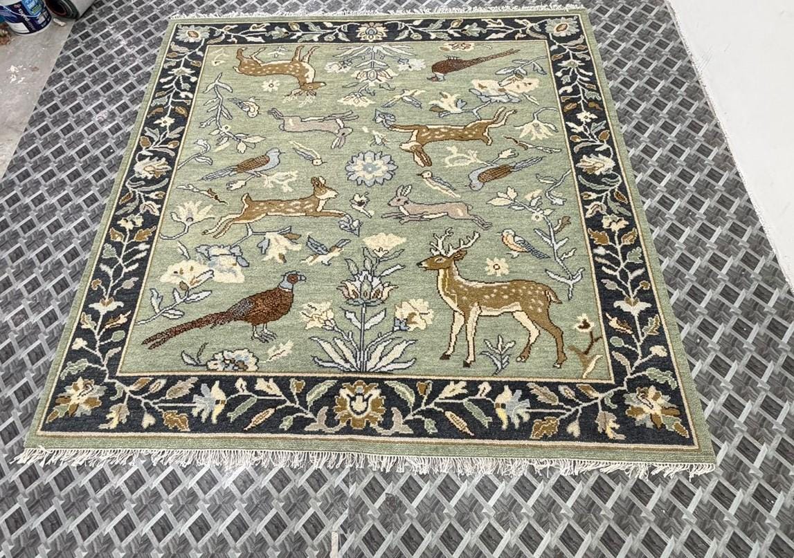 Hand-Knotted Wool Woodland Animal Rug, Deer Bird Nature Nursery Carpet