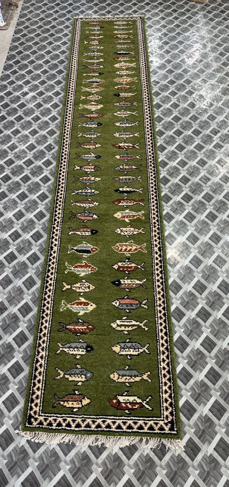 Hand-Knotted Wool Runner Rug, Green Fish Animal Motif, Vintage Style Hallway Carpet