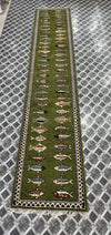 Hand-Knotted Wool Runner Rug, Green Fish Animal Motif, Vintage Style Hallway Carpet