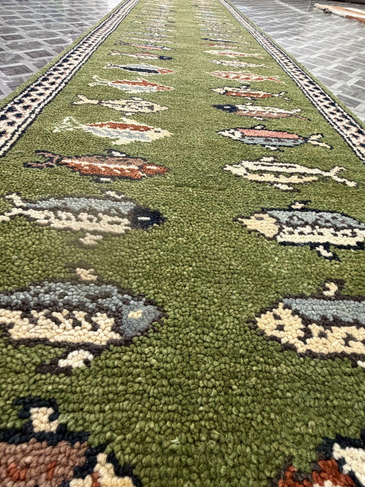 Hand-Knotted Wool Runner Rug, Green Fish Animal Motif, Vintage Style Hallway Carpet