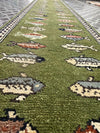 Hand-Knotted Wool Runner Rug, Green Fish Animal Motif, Vintage Style Hallway Carpet