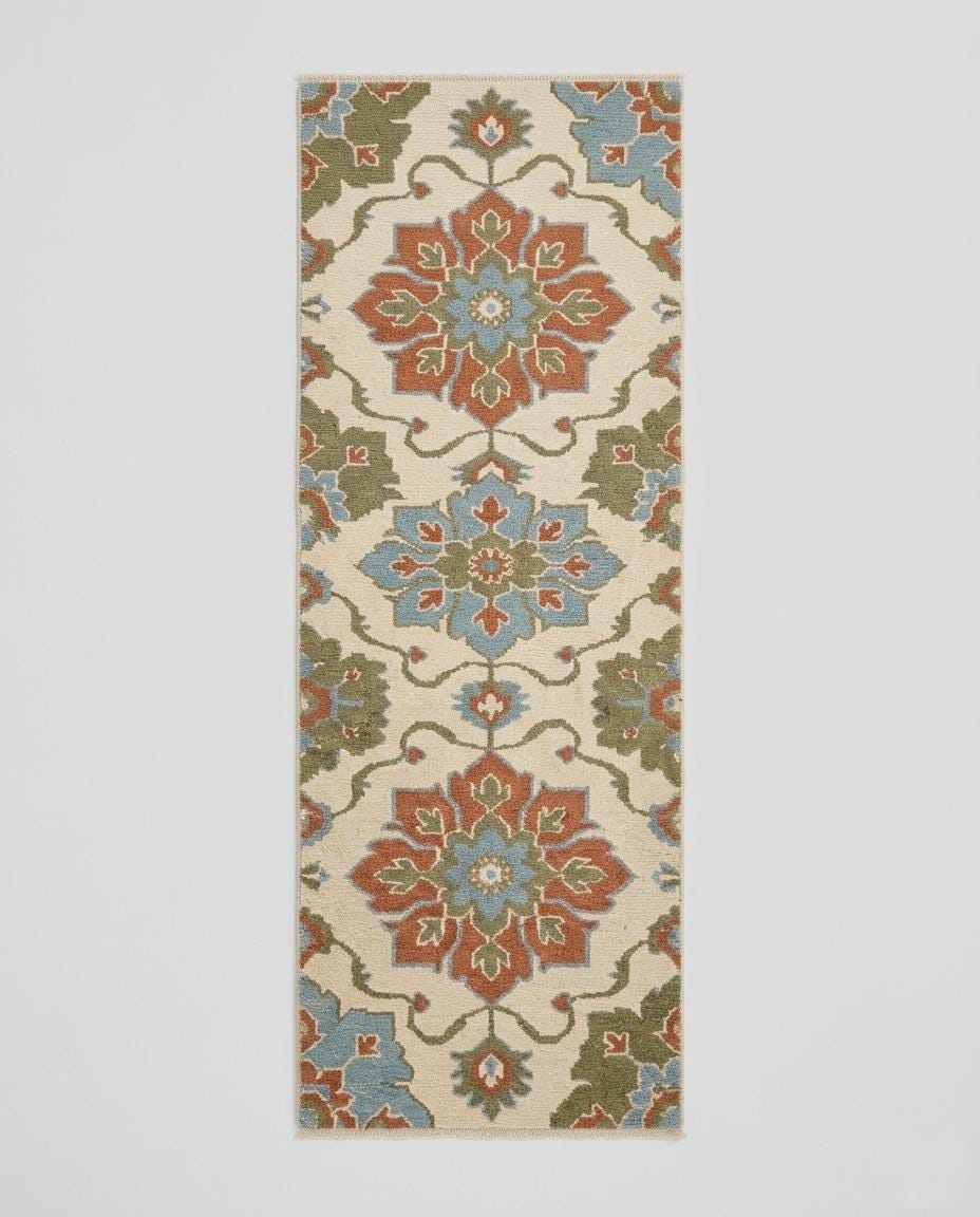 Hand-Knotted Wool Runner Rug, Vintage Floral Medallion, Boho Farmhouse Hallway Carpet