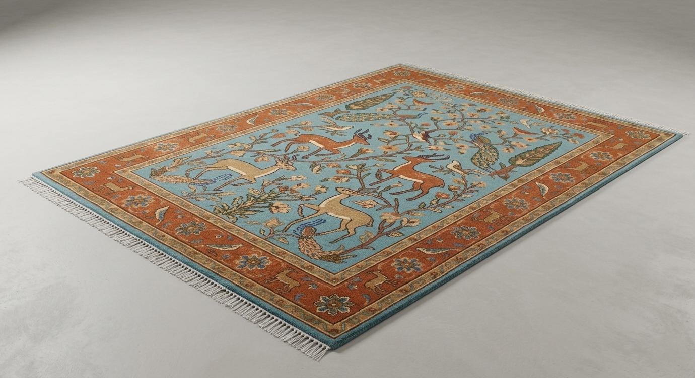 Hand-Knotted Wool Rug, Persian Style Blue Floral Deer Animal Oriental Carpet