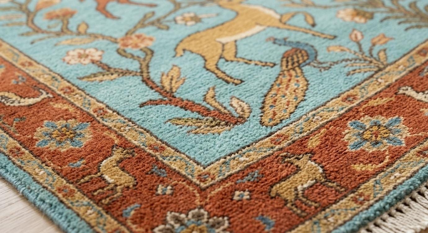 Hand-Knotted Wool Rug, Persian Style Blue Floral Deer Animal Oriental Carpet