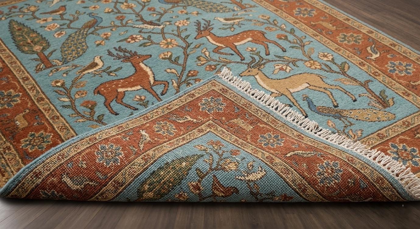 Hand-Knotted Wool Rug, Persian Style Blue Floral Deer Animal Oriental Carpet