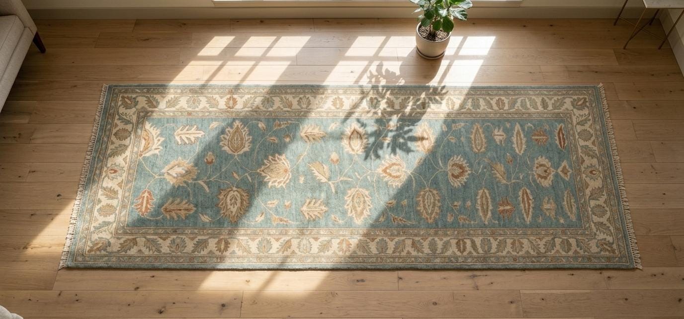 Hand-Knotted Wool Runner Rug, Blue Floral Garden Oriental Hallway Carpet